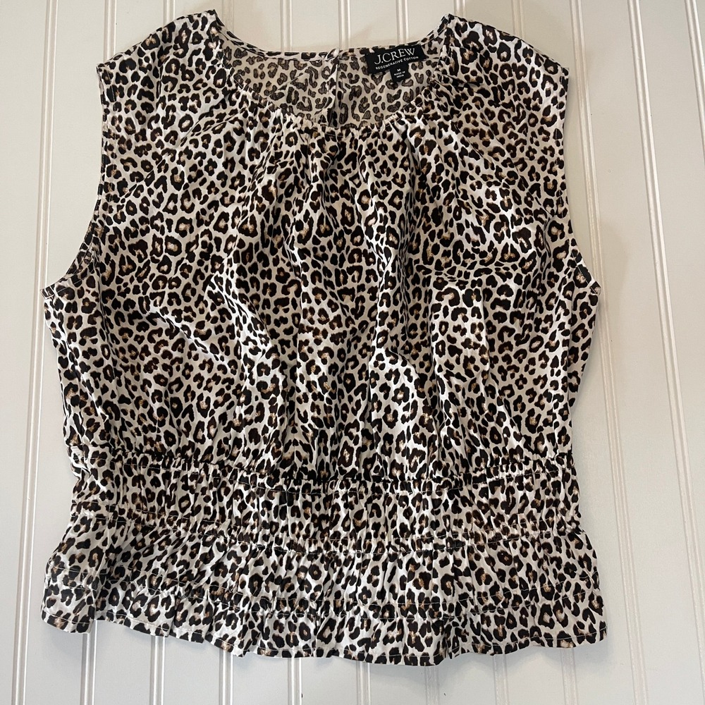 J.Crew Leopard Print Smocked Waist‎ Peplum Top Regenerative Cotton Brown Medium